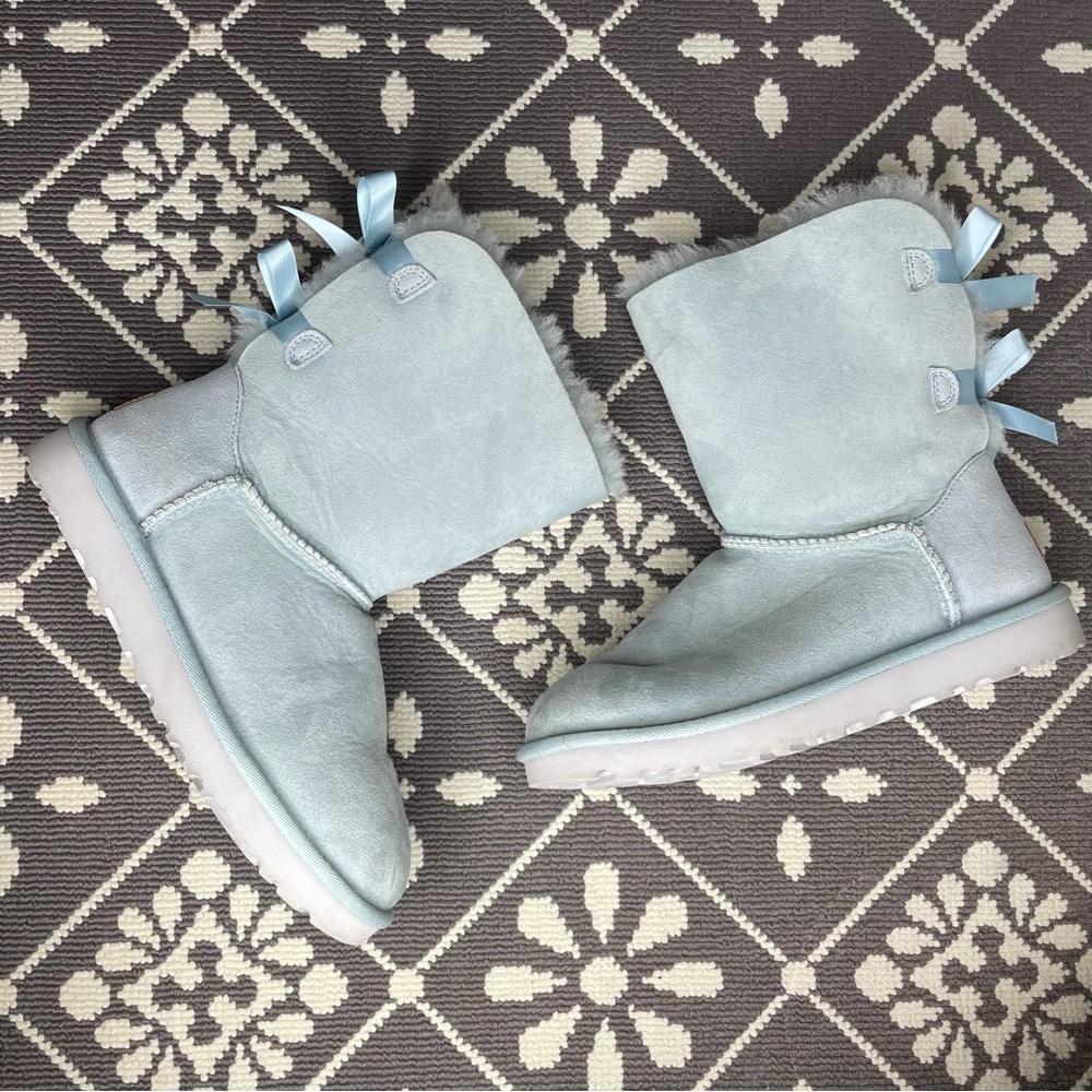 Women’s Light Blue Suede Winter Boots with Bow Detail